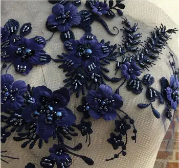 10pieces šviesiai mėlyna sunkiųjų granulių nėrinių aplikacijos, 3D nėrinių aplikacijos su perlais, deluxe 3d gėlių aplikacijos