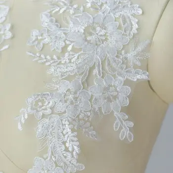 1Pair (2Pieces) Naujas Baltos spalvos Siuvinėjimo Nėrinių Blizgančiais Nėrinių Priedai Vestuvių Suknelė Apdailos Pleistras Medžiaga