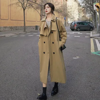 2020 Chaki X-Ilgas Švarkelis Moterims Rudenį Naujų Korėjos Atvartas Stiliaus Dvigubo Breasted Paltas Moteriška Slim Atsitiktinis Striukė Paltai