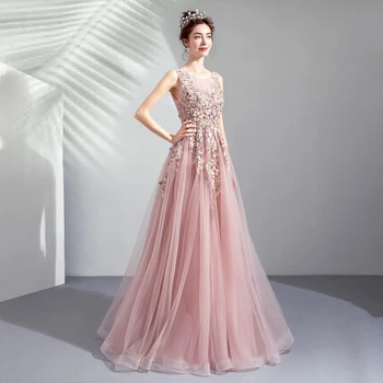 2020 Rožinės Spalvos Vakarinę Suknelę Ilgai Nėrinių Appliqued Ilgai Prom Dresses Blush Tiulio Oficialų Suknelė Vestido De Festa