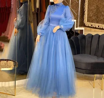 2021 Naujas Kamuolys Suknelė Aukšta Apykakle ilgomis Rankovėmis Žibintų rankovės Grindų Ilgis Aplikacijos Duobute Tiulio Vakaro Suknelės Šviesiai Mėlyna Suknelė