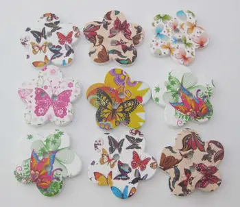 28mm gėlių formos spausdinti drugelis mygtukai medienos 60pcs dekoratyvinis amatų mygtukus 