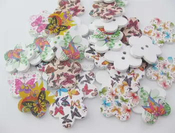 28mm gėlių formos spausdinti drugelis mygtukai medienos 60pcs dekoratyvinis amatų mygtukus 