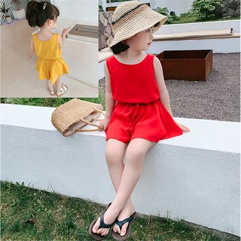 2vnt WLG mergaičių vasaros drabužių rinkinys vaikams geltona raudona berankovė liemenė ir trumpi baby girl drabužiai