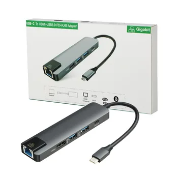5 in 1 USB3.0 C Tipo Stebulės HDMI 4K USB C Hub su Gigabit Ethernet RJ45 Lan Prievado Adapteris USB-C Įkroviklio Daugiafunkcį Adapteris