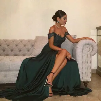 A-Line Elastingos Satino Aplikacijos Grindų Ilgis Nuo Peties Nėrinių Elegantiškas Padalinta Tamsiai Žalia Prom Vakarą Oficialią Suknelės
