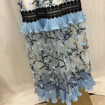 AELESEEN kilimo ir tūpimo Tako Mados Moterų Mėlyna Suknelė 2020 M. Pavasario Vasaros ilgomis Rankovėmis Raukiniai, Nėriniai 3D Appliques Gėlių Siuvinėjimas Suknelė