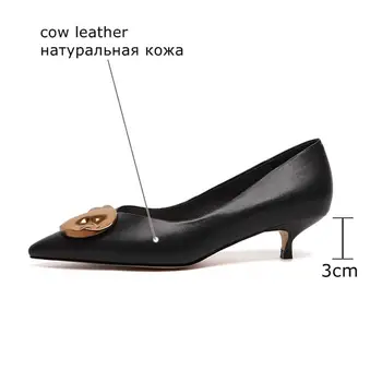 ALLBITEFO natūralios odos moterų aukšto kulno batai pavasario mados Metalo apdaila aukštos kokybės seksuali moteris aukštakulnius batus kitten heels