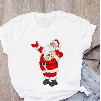 AOWOF Vasaros Ponios Naujas Kawaii Santa Claus trumpomis Rankovėmis T-shirt Harajuku Kalėdų Mados marškinėliai White T-shirt Viršų