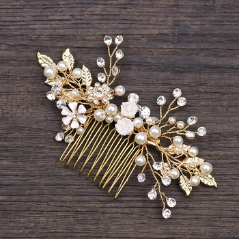 Aukso Nuotaka Pearl Plaukų Šukos Vestuvių Priedai Lapinės Gėlės Vestuvių Plaukų Šukos Moterų Plaukų Papuošalai Šukos Plaukams