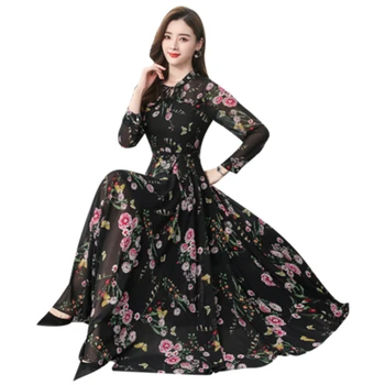 Aukštos Kokybės, Didelio Dydžio moteriški Ilga Suknelė Nauja Rudens Moterų Gėlių Suknelė ilgomis Rankovėmis Elegantiškas Plonas Ponios Šifono Suknelė Vintage