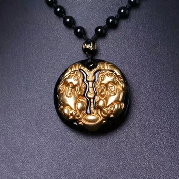 Aukštos Kokybės Natūralus Juodas Obsidianas, Išraižytas Aukso Spalvos Pixiu Pakabukas Karoliai Moterims, Vyrams, Pakabučiai Mados Kristalų Papuošalai