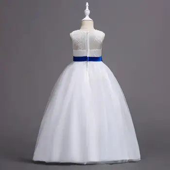 Baltos spalvos Nėrinių Flowe Mergina Suknelės Mergaičių Suknelė Elegantiškas Vestuvių su Lankai Grindų Ilgis Duobute Kaklo, Rankovių
