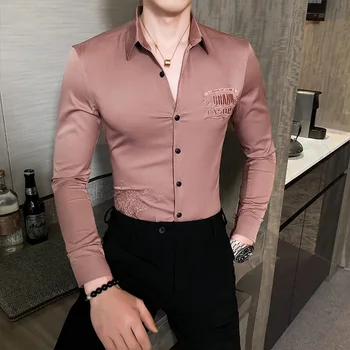 Britų Stiliaus Pavasarį Naują ilgomis Rankovėmis Marškinėliai Vyrams Drabužius 2021 Paprastu Laišku Siuvinėjimo Slim Fit Verslo Palaidinės Homme 3XL-M