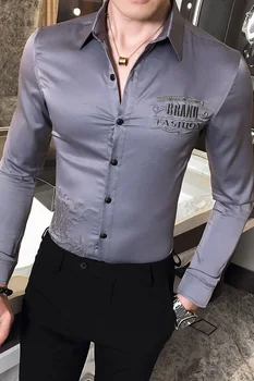 Britų Stiliaus Pavasarį Naują ilgomis Rankovėmis Marškinėliai Vyrams Drabužius 2021 Paprastu Laišku Siuvinėjimo Slim Fit Verslo Palaidinės Homme 3XL-M