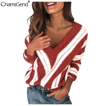 CHAMSGEND 2019 naujų rudens Seksualus V-kaklo, ilgomis Rankovėmis marškinėliai moterims Mados dryžuotas Megzti marškinėliai tee ponios Atsitiktinis Viršūnes Blusas #4z