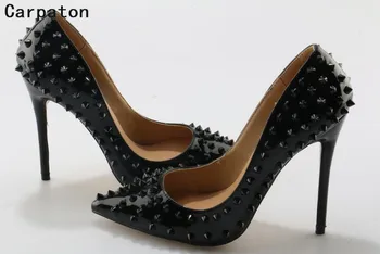 Carpaton moterų aukšto kulno adatos (stiletai slydimo batų kniedės apdaila 10 cm, 12 cm, seksualus siurbliai, juodos spalvos aukšto kulno dygliuotos šalies bateliai