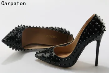 Carpaton moterų aukšto kulno adatos (stiletai slydimo batų kniedės apdaila 10 cm, 12 cm, seksualus siurbliai, juodos spalvos aukšto kulno dygliuotos šalies bateliai