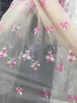 China audinio 5yards/maišas HT02# Rausvos ir baltos, du kartus snaigės išsiuvinėti vestuvių suknelė nuotakos vestuvių suknelė/pjovimas