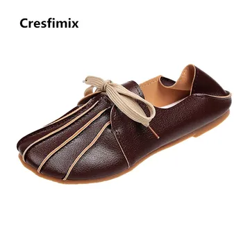 Cresfimix zapatos de mujer moterų retro white soft & patogus pu odos butas batai panele laisvalaikio nėrinių tamsiai rudi batai c2769