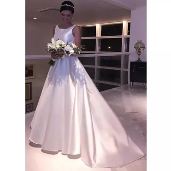 Derliaus Elegantiškas Royal Satino Vestuvių Suknelės-line Scoop Atidaryti Backless Vestuvių suknelė 2020 Valymo Traukinio Chalatas de Santuokos