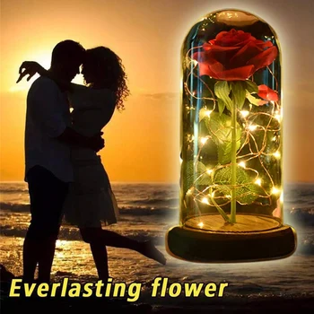 Dirbtinių Rožių LED Lempos Stiklo Atspalvis Su Dovanų Dėžutė Valentino Diena Mamos Gimtadienis Darbastalio Apšvietimas Ornamentu Amžinai Meilės