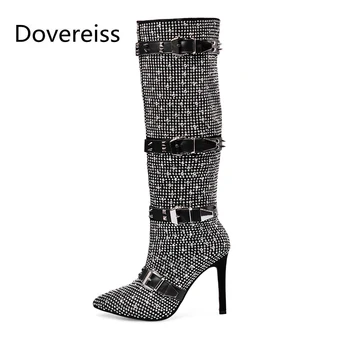 Dovereiss Madingų Moterų Batai Žiemą Elegantiškas Kelio ilgi batai Brandus Kniedės Grynos spalvos Sagtis Pažymėjo tne adatos (Stiletai) heels43