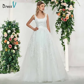 Dressv elegantiškas appliques kvadratinių kaklo, rankovių nėrinių kamuolys suknelė vestuvių suknelė grindų ilgis paprasta vestuvinės suknelės vestuvių suknelė