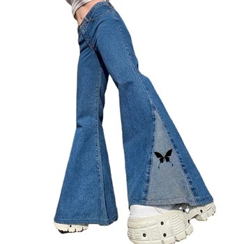 Drugelis Baggy Jeans Kratinys Baggy Jeans Vidurio Juosmens Užtrauktukas Skristi Bell Bottom Džinsų Kišenės Denim Blue Flare Kelnės