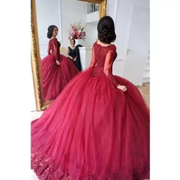 Elegantiška Raudonos Spalvos Nėrinių Kamuolys Suknelė Quinceanera Suknelės Ilgomis Rankovėmis Aplikacijos Valymo Traukinio Debutante Chalatai Užsakymą Saldus 16