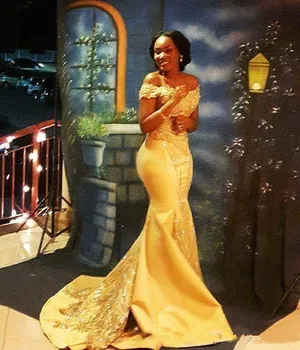 Elegantiškas Geltonas Afrikos Undinė Prom Dresses Ilgai 2020 M. Oficialią Off Peties Duobute Crystal Satin Arabų Trimitas Vakare Gown