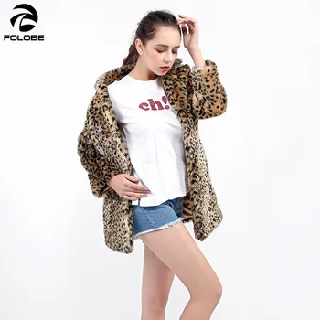 FOLOBE Elegantiškas leopardas spausdinti dirbtiniais kailių paltai Moterims 2020 m. rudenį, žiemą šiltas, minkštas parko paltas Moteriška pliušinis atsitiktinis outwear kailis