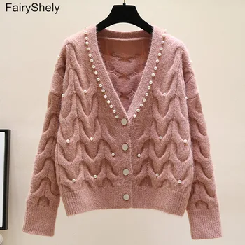 FairyShely Kašmyras saldus zawalcowany džemperis cardigan moterų 2020 m. pavasario ir rudens mados visas rungtynes, V-kaklo viršaus megzti striukė