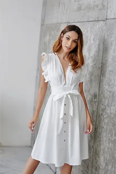 GOOHOJIO Elegantiškas Giliai V-Kaklo Moterų Suknelė Ruffles Rankovėmis Varčias Balta Suknelė 2020 Ponios Lankas Mygtuką Paplūdimio Atostogų Suknelė Vestidos