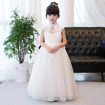 Glizt Merginos Vestuvių Suknelės, Aukšta apykaklė Balta China Tiulio Princess Gimtadienio Suknelė Ilgai Pirmos Komunijos Suknelė Mergaitėms Princesė