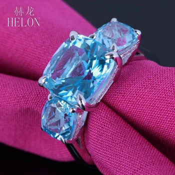 HELON Kietas 14 KARATŲ Balto Aukso Nepriekaištinga Pagalvėlė 10mm Originali Dangus Mėlynas Topazas Deimantų Sužadėtuvių, Vestuvių Žiedas Madinga Fine Jewelry