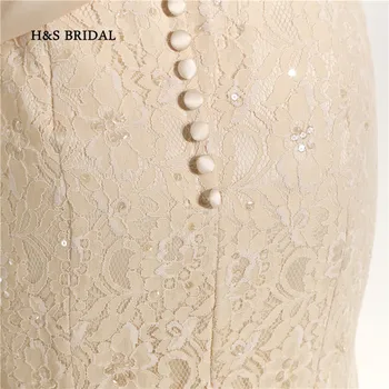 H&S Bridal Nėrinių Šviesos Šampano Spageti Dirželis Undinė Šalis Prom Dresses Pigūs Kinijos Naują Atvykimo Vakaro Suknelės