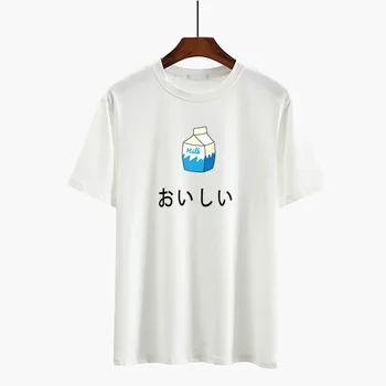 Harajuku Kawaii Pieno Lange Print t shirt Viršūnes Moterys, Vasaros laisvo Stiliaus Pieno Print t-shirt Moksleivė Drabužių Streetwear Tumblr