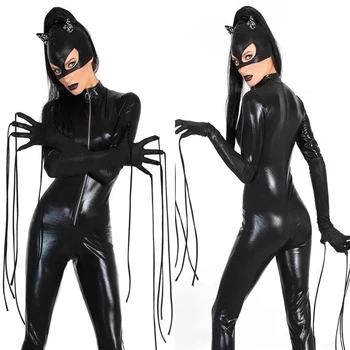 Hot Sexy Juoda Catwomen Jumpsuit Catsuit Panele Seksuali Clubwear Bodysuits Dirbtiniais Odos, Užtrauktukas, Suknelė Su Katės Kaukė+Kutas Pirštinės