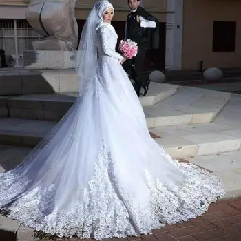 Ilgomis Rankovėmis Musulmonų Vestuvių Suknelės Su Tiulio Užtrauktukas Atgal Nėrinių Islamo Vestuvių Suknelės Vestido De Noiva