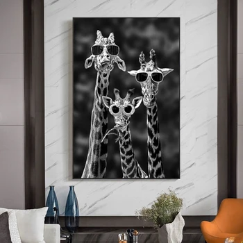 Juokinga Meno Žirafos su Akiniais Plakatai ir grafika Juoda ir Balta Gyvūnų Drobės, Paveikslai, Sienos Menas Nuotraukas, Namų Dekoro