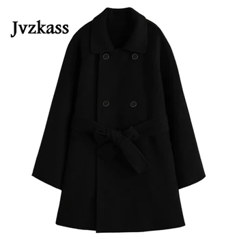 Jvzkass juoda dvieiliai apsiaustu juosmens vilnonis vilnonis paltas moterims nėrinių mažas vilnoniai paltai žiemos Z355