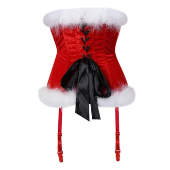 Kalėdų kostiumas seksualus flanelė lankas kailio overbust raudonas korsetas viršuje derliaus gotic plieno kaulų juosmens korsetai&bustier moterų corselet