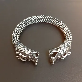 Karšto parduoti new - nemokamas pristatymas Rankų darbo Miao Sidabrinis Drakonas bangle su granulių plokščias žiedas tipas dvigubas maišytuvas