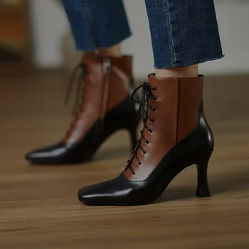 Kaubojaus batai moterims, moteriška rudos spalvos batai 2020 nauji žieminiai natūralios odos batai aukštakulniai užtrauktukas juoda martin įkrovos dydis 4