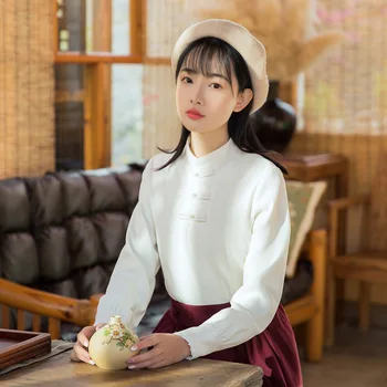 Kinijos Derliaus Moterų Mandarinų Apykaklės Tango Viršūnes Rudens Žiemos Marškinėliai Balti Mielas Mori Drabužiai Plius Dydis