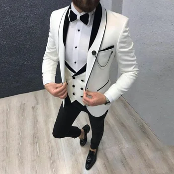 Klasikinis Baltas Mens Švarkas Švarkas 3pcs Verslo Vyrų Kostiumai, Vestuvių Jaunikis Tuxedos Slim Terno Masculino kostiumai de pour hommes