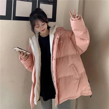Korėjos studentas stiliaus medvilnės, paminkštinta paltai su dviem storas ir šiltas gobtuvu, paltai moterims žiemos prarasti vientisos spalvos medvilnės striukė