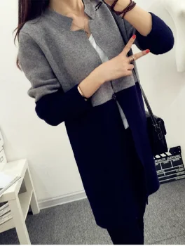 Korėjos versija retro susiuvimo kontrasto spalvų megztinis pavasarį ir rudenį lady kailis plonas vilnonis ilgas šiltas outwear nemokamai dydis
