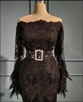 Kuklus 2020 Nėrinių Undinė Vakarinių Suknelių Pilną Rankovėmis Kristalų Plunksnų Oficialų Suknelė Nuo Peties Ilgai Vakare Chalatai